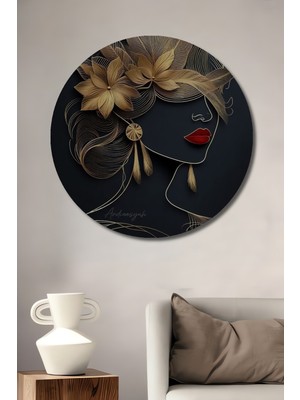 Teona Ahşap Altın Yapraklı Kadın Portresi Yağlı Boya Görünümlü Dekoratif Ahşap Tablo Yuvarlak Duvar Tablosu