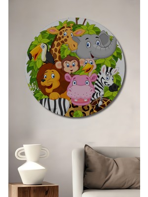 Teona Ahşap Ahşap Dekoratif Tablo Sevimli Orman Hayvanları Sulu Boya Görünümlü Yuvarlak Duvar Tablosu