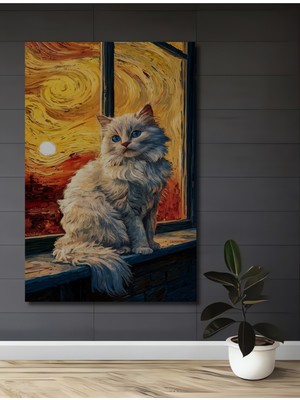 Teona Ahşap Van Gogh Tarzı Tüylü Kedi Yağlı Boya Görünümlü Ahşap Dekoratif Ev,antre,salon,ofis,mutfak Tablo