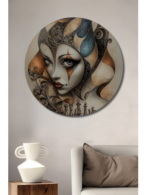 Teona Ahşap Gızemlı Kadın Satranç Desenli Yağlı Boya Görünümlü Ahşap Dekoratif Tablo Yuvarlak Duvar Tablosu