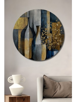 Teona Ahşap Altın Vurgulu Modern Vazolar Sulu Boya Görünümlü Ahşap Dekoratif Tablo Yuvarlak Duvar Tablosu