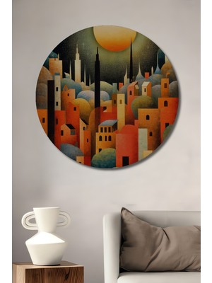 Teona Ahşap Büyük Ay Görünümlü Soyut Şehir Tablosu Yuvarlak Duvar Tablosu