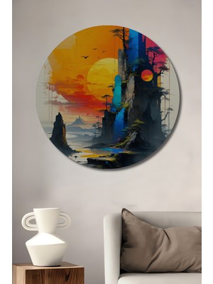 Teona Ahşap Soyut Manzara Yağlı Boya Görünümlü Dekoratif Ahşap Tablo Yuvarlak Duvar Tablosu