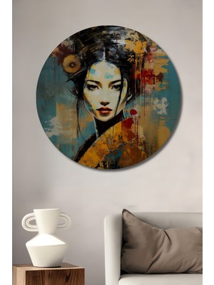Teona Ahşap Gızemlı Geyşa Yağlı Boya Görünümlü Ahşap Dekoratif Tablo Yuvarlak Duvar Tablosu