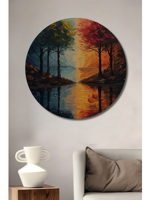 Teona Ahşap Iki Mevsim Arasında Bir Günbatımı Yağlı Boya Görünümlü Ahşap Dekoratif Tablo Yuvarlak Duvar Tablosu