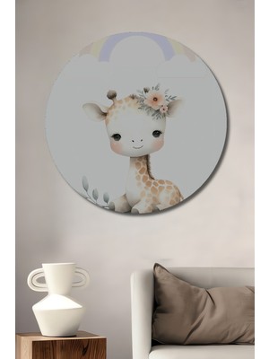 Teona Ahşap Sevimli Zürafa Suluboya Görünümlü Dekoratif Ahşap Tablo Yuvarlak Duvar Tablosu