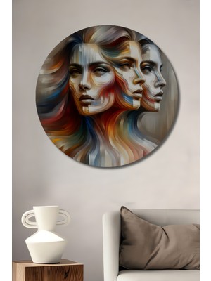 Teona Ahşap Soyut Renklerin Dansı Kadın Portresi Yağlı Boya Görünümlü Ahşap Dekoratif Tablo Yuvarlak Duvar Tablosu