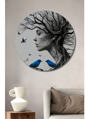 Teona Ahşap Mistik Yüz ve Mavi Kuşlar Yağlı Boya Görünümlü Dekoratif Ahşap Tablo Yuvarlak Duvar Tablosu