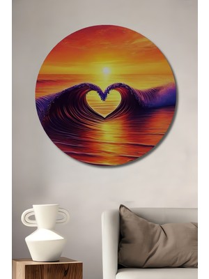 Teona Ahşap Kalp Dalga Gün Batımı Yağlı Boya Görünümlü Dekoratif Ahşap Tablo Yuvarlak Duvar Tablosu