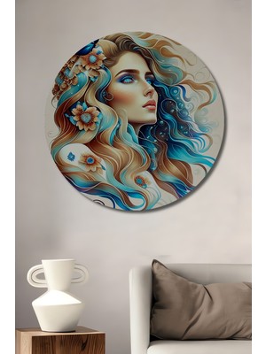 Teona Ahşap Mistik Kadın Saçları Yağlı Boya Görünümlü Dekoratif Ahşap Tablo Yuvarlak Duvar Tablosu