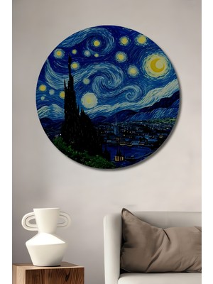 Teona Ahşap Yıldızlı Gece Van Gogh Yağlı Boya Görünümlü Ahşap Dekoratif Tablo Yuvarlak Duvar Tablosu
