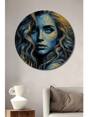 Teona Ahşap Mistik Mavi Gözlü Kadın Yağlı Boya Görünümlü Ahşap Dekoratif Tablo Yuvarlak Duvar Tablosu