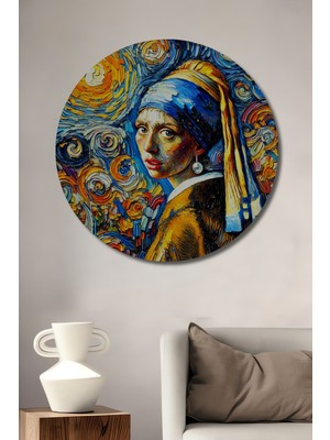 Teona Ahşap Van Gogh Tarzı Incili Küpeli Kız Yağlı Boya Görünümlü Ahşap Dekoratif Tablo Yuvarlak Duvar Tablosu