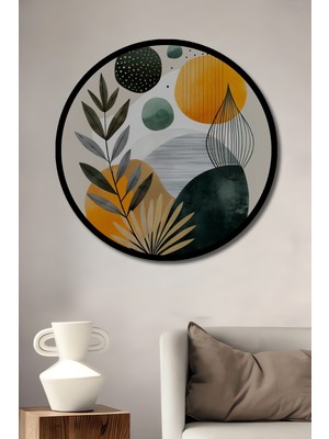 Teona Ahşap Soyut Yapraklar ve Geometrik Desenler Sulu Boya Görünümlü Ahşap Dekoratif Tablo Yuvarlak Duvar Tablosu