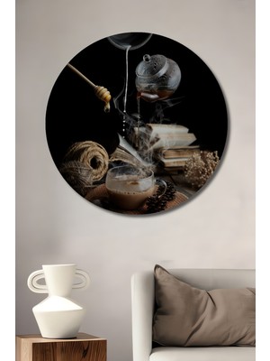 Teona Ahşap Sıcak Kahve ve Bal Damlaları Ahşap Dekoratif Tablo Yuvarlak Duvar Tablosu