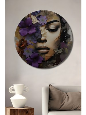 Teona Ahşap Gızemlı Kadın Çiçek Baskısı Yağlı Boya Görünümlü Ahşap Dekoratif Tablo Yuvarlak Duvar Tablosu