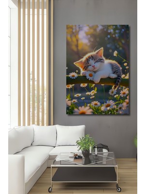 Teona Ahşap Uykucu Yavru Kedi Papatya Tarlasında Yağlı Boya Görünümlü Dekoratif Ahşap Ev,antre,salon Tablo