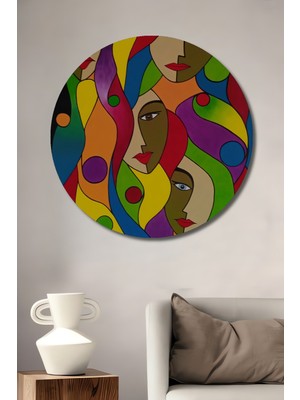 Teona Ahşap Soyut Kadın Portreleri Yağlı Boya Görünümlü Dekoratif Ahşap Tablo Yuvarlak Duvar Tablosu