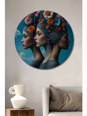 Teona Ahşap Üç Güzellerin Çiçekli Tacı Yağlı Boya Görünümlü Dekoratif Ahşap Tablo Yuvarlak Duvar Tablosu