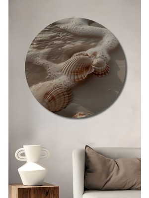 Teona Ahşap Sahil Kabukları Sulu Boya Görünümlü Dekoratif Ahşap Tablo Yuvarlak Duvar Tablosu