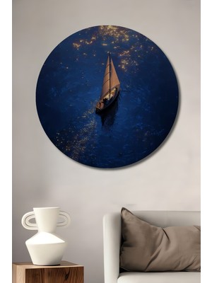Teona Ahşap Yelkenli Tekne Sulu Boya Görünümlü Dekoratif Ahşap Tablo Yuvarlak Duvar Tablosu