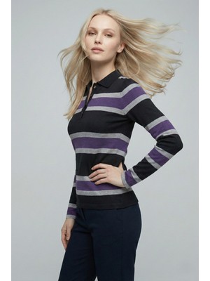 Şiir Chepo Kadın Slim Kalıp Çizgili Polo Yaka Düğmeli Uzun Kollu Kazak & Bluz & Top - Mor