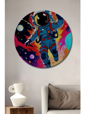 Teona Ahşap Kozmik Kaşif Astronot Sulu Boya Görünümlü Sanat Tablosu Yuvarlak Duvar Tablosu