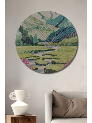 Teona Ahşap Doğa Manzarası Çizgi Sanat Görünümlü Ahşap Dekoratif Tablo Yuvarlak Duvar Tablosu
