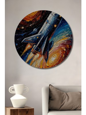 Teona Ahşap Uzay Gemisi Yağlı Boya Görünümlü Ahşap Dekoratif Tablo Yuvarlak Duvar Tablosu