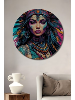 Teona Ahşap Kadim Ruh Kadın Portresi Yağlı Boya Görünümlü Bohem Sanat Dekoratif Ahşap Tablo Yuvarlak Duvar Tablosu