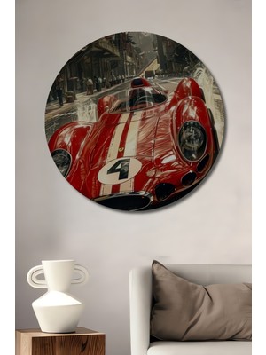 Teona Ahşap Efsanevi Kırmızı Yarış Arabası Yağlı Boya Görünümlü Ahşap Dekoratif Tablo Yuvarlak Duvar Tablosu