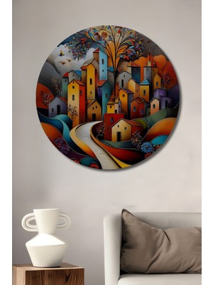 Teona Ahşap Renkli Şehir Hayali Yağlı Boya Görünümlü Ahşap Dekoratif Tablo Yuvarlak Duvar Tablosu