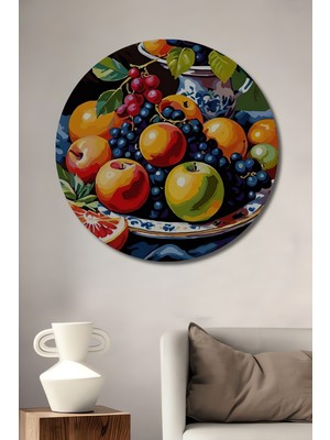 Teona Ahşap Meyve Sepeti Yağlı Boya Görünümlü Dekoratif Ahşap Tablo Yuvarlak Duvar Tablosu