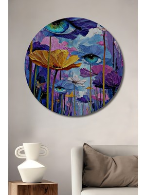 Teona Ahşap Göz Kamaştıran Boho Çiçek Tarlası Yağlı Boya Görünümlü Ahşap Dekoratif Tablo Yuvarlak Duvar Tablosu