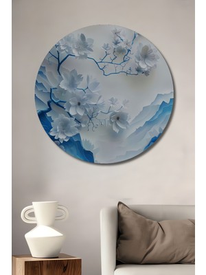 Teona Ahşap Mavi Beyaz Çiçekli Dağ Manzarası Sulu Boya Görünümlü Modern Sanat Ahşap Dekoratif Tablo Yuvarlak Duvar Tablosu