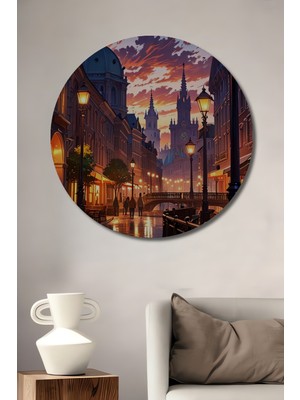 Teona Ahşap Büyülü Gün Batımı Şehir Manzarası Yağlı Boya Görünümlü Ahşap Dekoratif Tablo Yuvarlak Duvar Tablosu