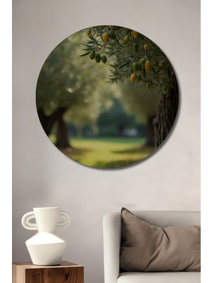 Teona Ahşap Zeytin Ağacı ve Düşen Zeytinler Yağlı Boya Görünümlü Dekoratif Ahşap Tablo Yuvarlak Duvar Tablosu