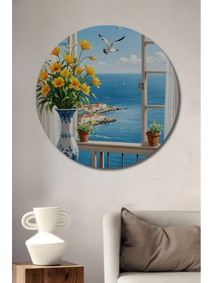 Teona Ahşap Deniz Manzaralı Vazo ve Martılar Sulu Boya Görünümlü Ahşap Dekoratif Tablo Yuvarlak Duvar Tablosu