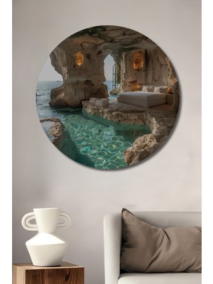 Teona Ahşap Mağara Yatak Odası ve Havuz Manzaralı Ahşap Dekoratif Tablo Yuvarlak Duvar Tablosu
