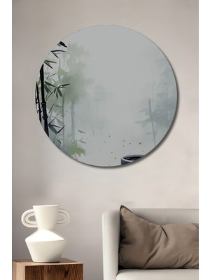 Teona Ahşap Bambu Ormanında Kahve Keyfi Sulu Boya Görünümlü Dekoratif Ahşap Tablo Yuvarlak Duvar Tablosu