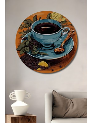 Teona Ahşap Canlı Renkler Yağlı Boya Görünümlü Kahve Fincanı Ahşap Dekoratif Tablo Yuvarlak Duvar Tablosu