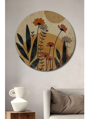 Teona Ahşap Bohem Çiçek Tarlası Yağlı Boya Görünümlü Ahşap Dekoratif Tablo Yuvarlak Duvar Tablosu
