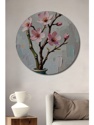 Teona Ahşap Bambu ve Çiçekli Vazo Yağlı Boya Görünümlü Dekoratif Ahşap Tablo Yuvarlak Duvar Tablosu