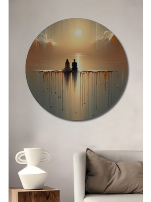 Teona Ahşap Iki Aşık Gün Batımı Sulu Boya Görünümlü Ahşap Dekoratif Tablo Yuvarlak Duvar Tablosu