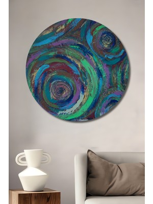 Teona Ahşap Soyut Desenli Renkli Spiral Görünümlü Yağlı Boya Efektli Ahşap Dekoratif Tablo Yuvarlak Duvar Tablosu