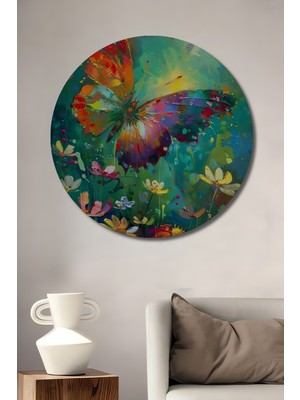 Teona Ahşap Renkli Kelebek Desenli Yağlı Boya Görünümlü Ahşap Dekoratif Tablo Yuvarlak Duvar Tablosu