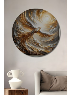 Teona Ahşap Altın Anka Kuşu Yağlı Boya Görünümlü Ahşap Dekoratif Tablo Yuvarlak Duvar Tablosu