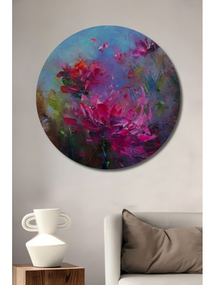 Teona Ahşap Canlı Renkler Mor Pembe Çiçek Yağlı Boya Görünümlü Ahşap Dekoratif Tablo Yuvarlak Duvar Tablosu