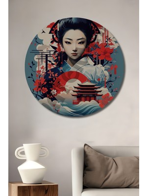 Teona Ahşap Japon Güzeli Çiçekli Tapınak Baskı Ahşap Dekoratif Tablo Yuvarlak Duvar Tablosu