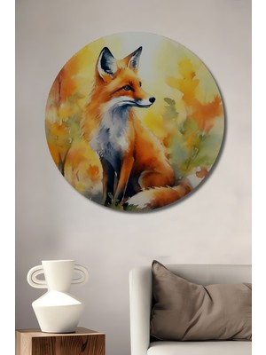 Teona Ahşap Sonbahar Ormanı Tilkisi Sulu Boya Görünümlü Dekoratif Ahşap Tablo Yuvarlak Duvar Tablosu